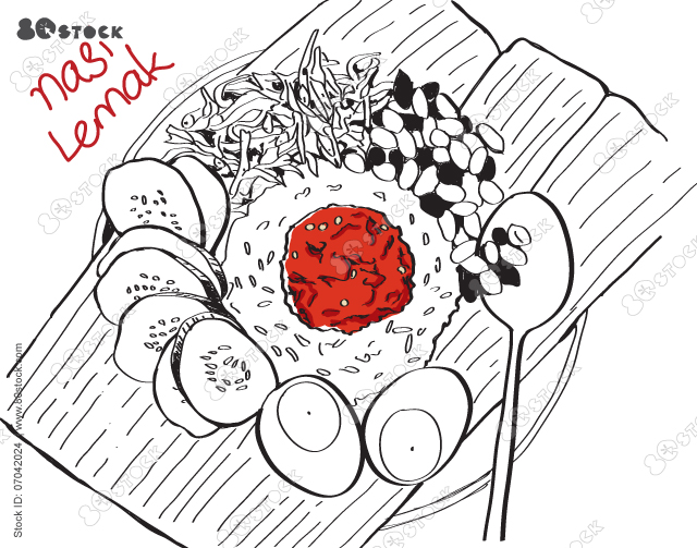 Hand drawn Malaysia most famous food coconut spicy rice nasi lemak. Vector EPS 10