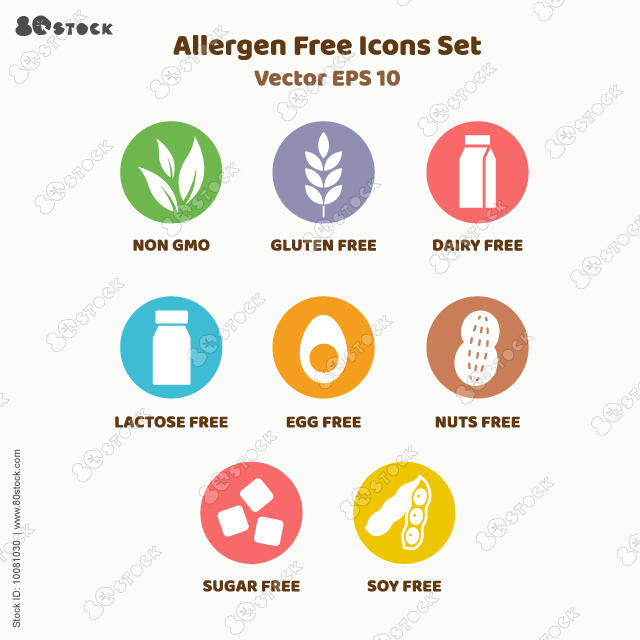 Allergen free label set. Sugar, gluten, GMO, lactose, soy, dairy, egg and nuts free. Natural product and organic food labels. Healthy food sign. Vegan badges. Vector illustration.