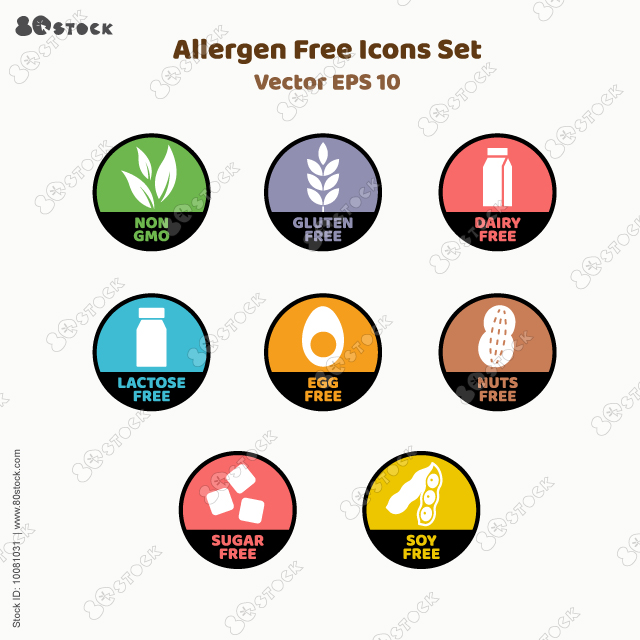 Allergen free label set. Sugar, gluten, GMO, lactose, soy, dairy, egg and nuts free. Natural product and organic food labels. Healthy food sign. Vegan badges. Vector illustration.