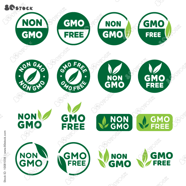 Non GMO labels. GMO free icons. Healthy food concept. Vector illustration of different green colored GMO free emblems. Organic cosmetic. No GMO design elements for tags, product package.