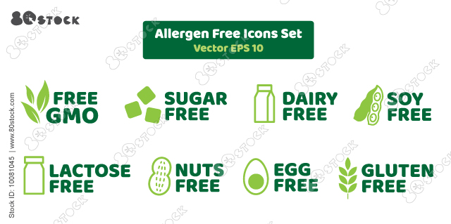 Allergen free label set. Sugar, gluten, GMO, lactose, soy, dairy, egg and nuts free. Natural product and organic food labels. Healthy food sign. Vegan badges. Vector illustration.