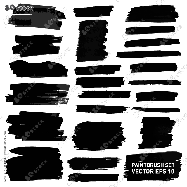 Brush lines set. Vector black paint, ink brush stroke. Dirty artistic design element. Black ink painbrush dash. Grunge drawing stroke. Frame or background for text. Vector set