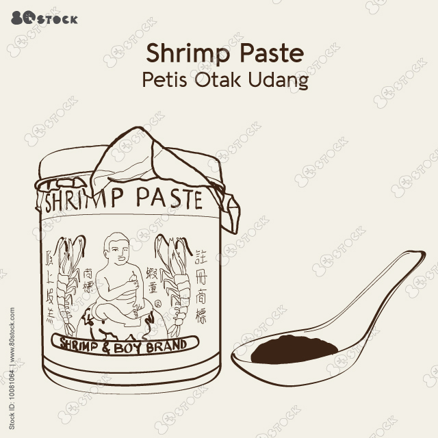 Shrimp paste in plastic package. Otak udang. Vector illustration. 