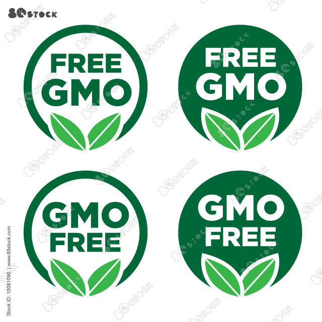 Non GMO labels. GMO free icons. Healthy food concept. Organic cosmetic. No GMO design elements for tags, product package. Eco, vegan, bio. Beauty product. Sustainable life. Vector illustration EPS10