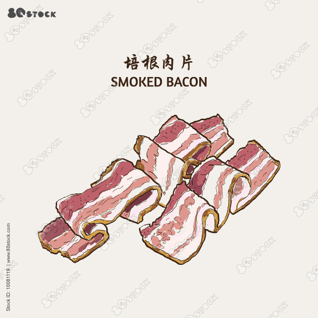 Slices of bacon isolated. Italian prosciutto, Spanish jamon cut, raw bacon, slices of lard, parma ham, streaky brisket slices. Vector illustration EPS 10.