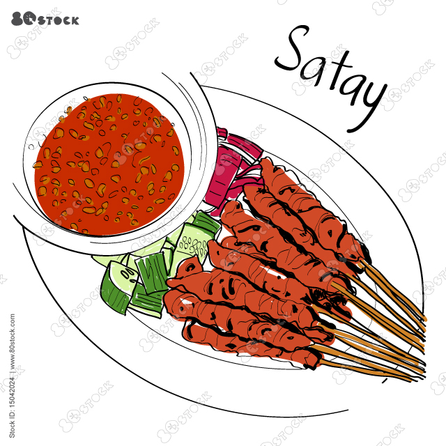 Satay, or sate in Indonesian spelling, is a Southeast Asian dish of seasoned, skewered and grilled meat, served with a sauce. Vector EPS 10