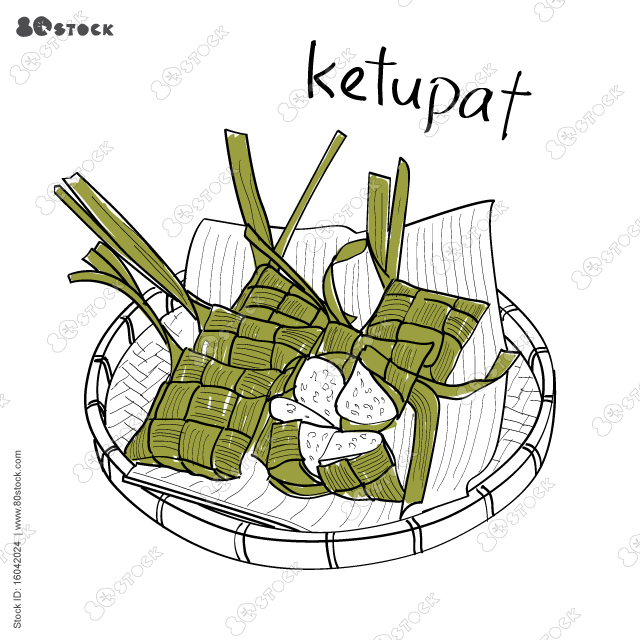 Kupat, ketupat, or tipat is a Javanese rice cake packed inside a diamond-shaped container of woven palm leaf pouch, Originating in Indonesia, it is also found in Brunei, Malaysia, Singapore and south. Vector EPS 10