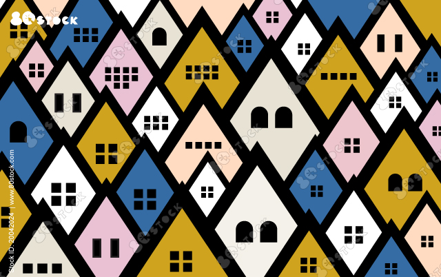 Abstract seamless pattern with houses with hand drawn textures and shapes. Perfect for fabric, textile, wallpaper. Vector Illustration. Vector EPS 10