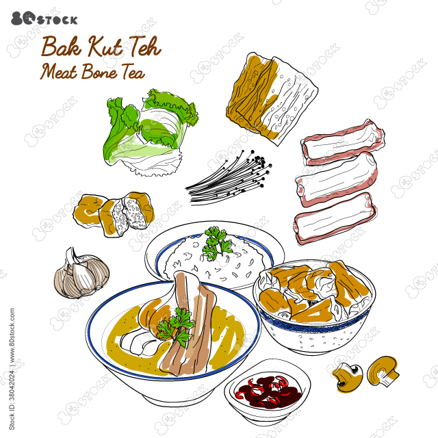 Hand drawn Bak kut teh is a pork rib dish cooked in broth popularly served in Malaysia and Singapore where there is a predominant Hoklo and Teochew community.