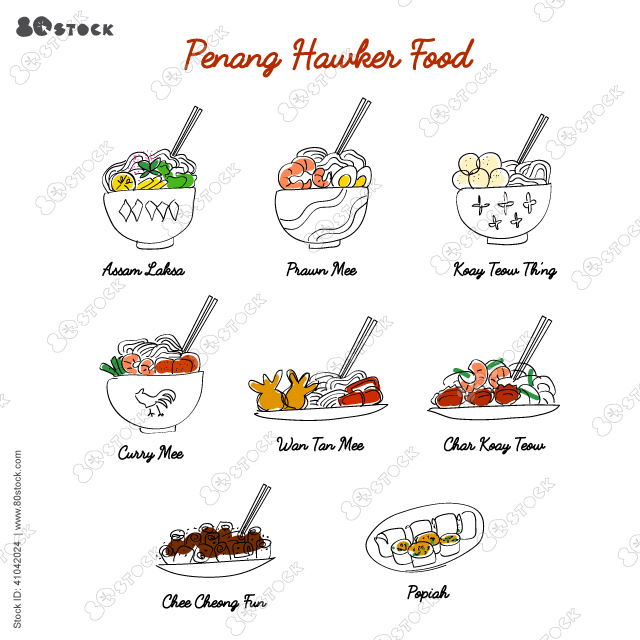 Hand drawn Malaysia Penang Famous Hawker Food. Vector EPS 10