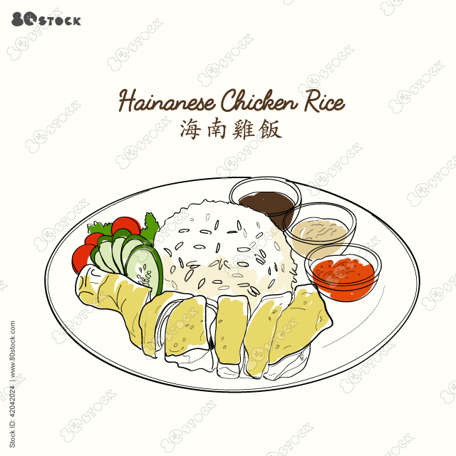 Steam Chicken with Rice (Hainan Chicken) 海南鸡饭 Hainanese chicken rice. Vector EPS 10