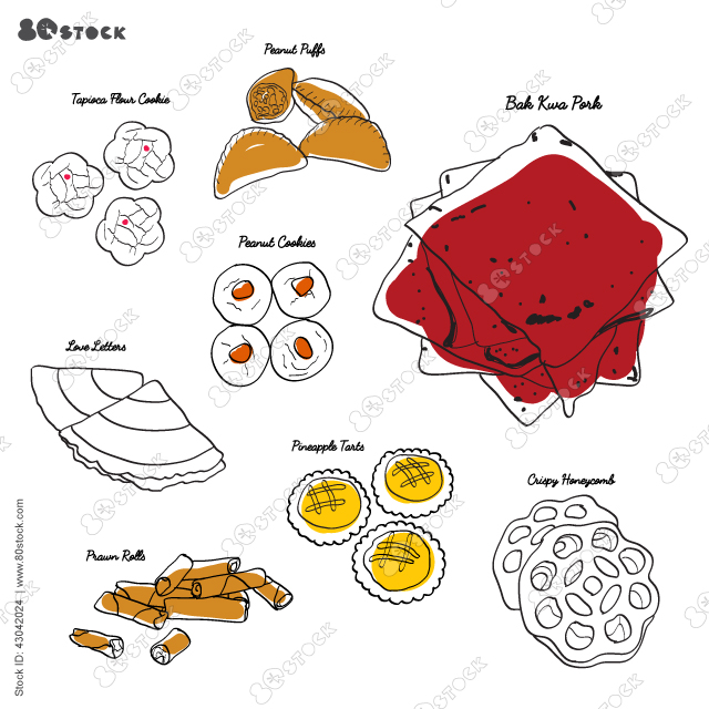 Assorted hand-drawn chinese new year cookies and biscuits. Vector EPS 10